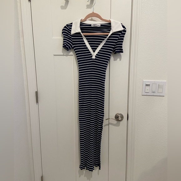 Elodie Stripe Midi Dress with Side Slit in Navy White - Picture 1 of 3